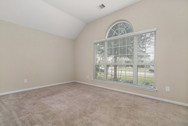 carpeted empty room with lofted ceiling and a healthy amount of sunlight