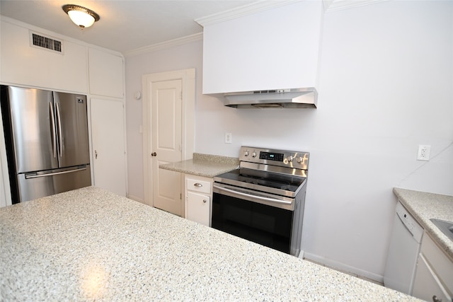 kitchen featuring ornamental molding, white cabinetry, light stone countertops, and stainless steel appliances