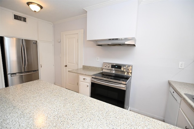1929 W Dallas St, Houston, TX 77019 - kitchen featuring appliances with stainless steel finishes, under cabinet range hood, ornamental molding, and white cabinets