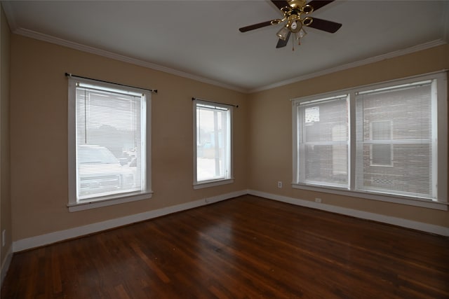 unfurnished room with hardwood / wood-style flooring, crown molding, and ceiling fan