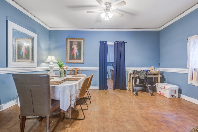 dining area with crown molding, ceiling fan, and wood-type flooring