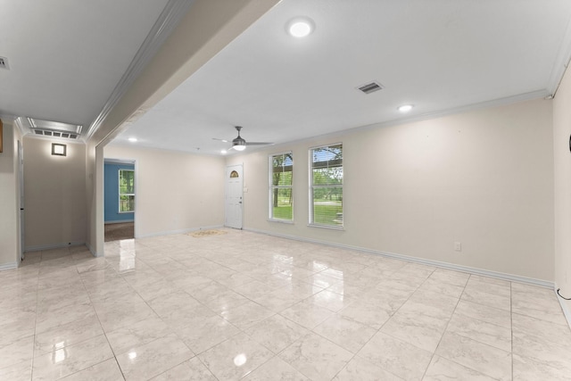 unfurnished room with baseboards, visible vents, ceiling fan, ornamental molding, and recessed lighting