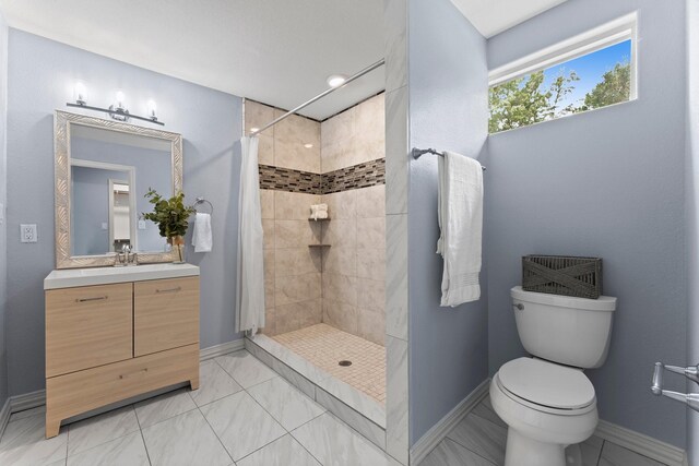 bathroom with vanity, curtained shower, and toilet