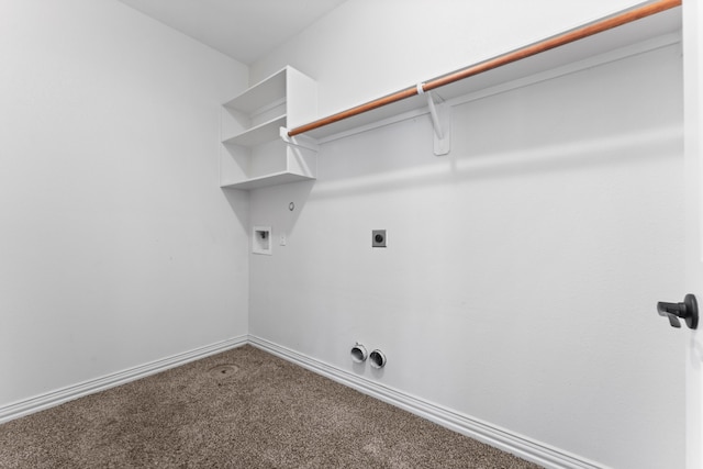 clothes washing area featuring hookup for a washing machine, hookup for a gas dryer, carpet, and electric dryer hookup