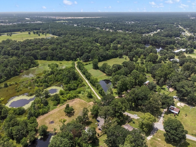 birds eye view of property featuring a forest view and a water view