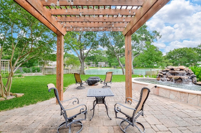 view of patio / terrace featuring an outdoor fire pit, a fenced backyard, and a pergola