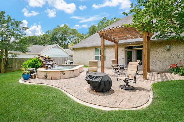 view of patio featuring a pergola and fence