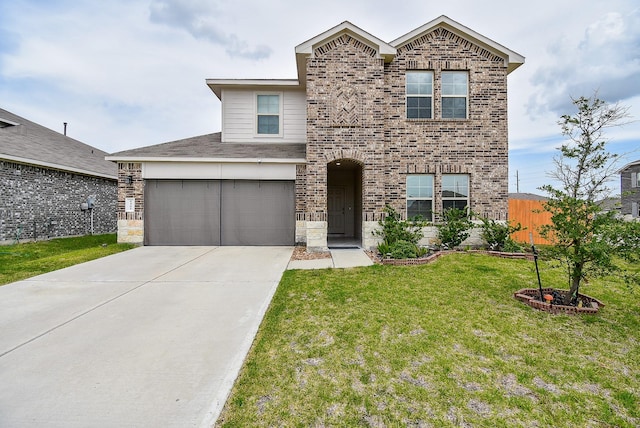 front facade with a garage and a front yard