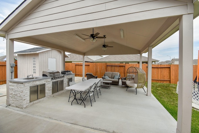 view of patio / terrace with an outdoor hangout area, ceiling fan, and a grill