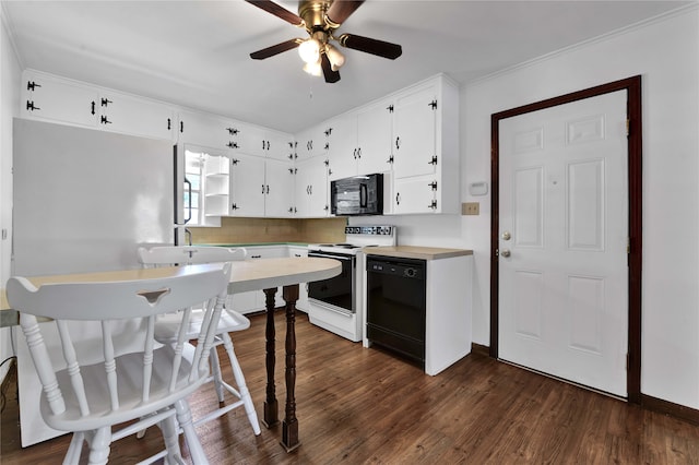 kitchen featuring crown molding, white cabinets, ceiling fan, dark hardwood / wood-style floors, and black appliances