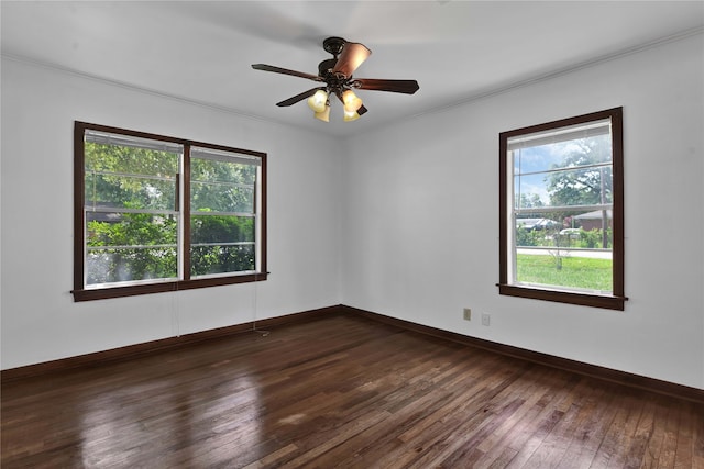 spare room featuring dark hardwood / wood-style floors, crown molding, and ceiling fan