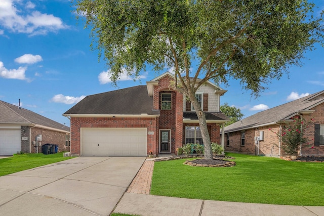 view of front of house featuring a garage and a front lawn