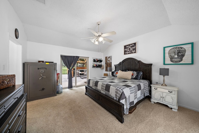 carpeted bedroom with lofted ceiling, a textured ceiling, access to exterior, and ceiling fan