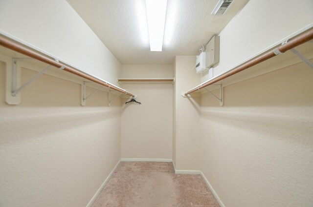 spacious closet with visible vents and light colored carpet