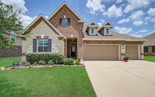 craftsman-style house with an attached garage, driveway, a front lawn, and brick siding