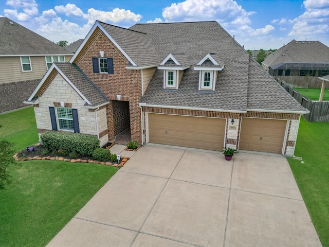 craftsman house featuring concrete driveway, brick siding, roof with shingles, and a front lawn