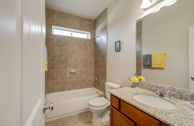 full bathroom with vanity, bathtub / shower combination, and toilet