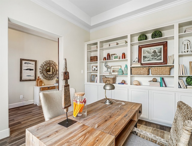 living area featuring dark hardwood / wood-style floors and crown molding