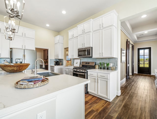 kitchen featuring white cabinets, stainless steel appliances, dark wood-type flooring, and sink