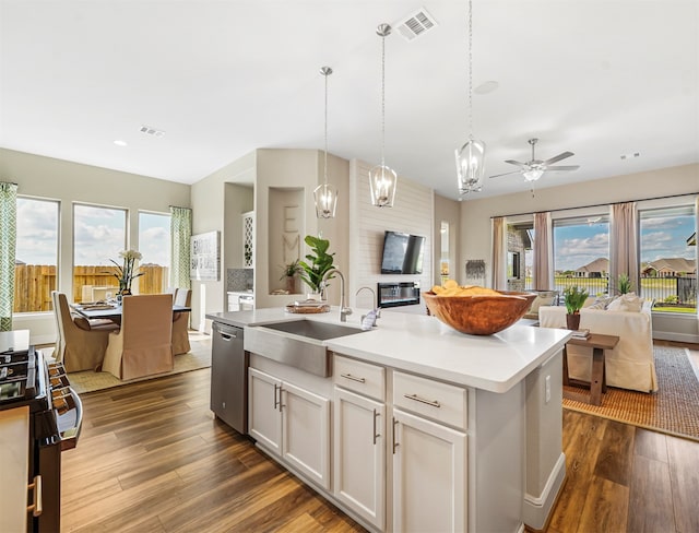 kitchen with a wealth of natural light, sink, stainless steel appliances, and a center island with sink