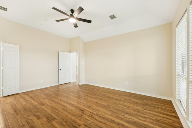 unfurnished bedroom featuring hardwood / wood-style floors and ceiling fan