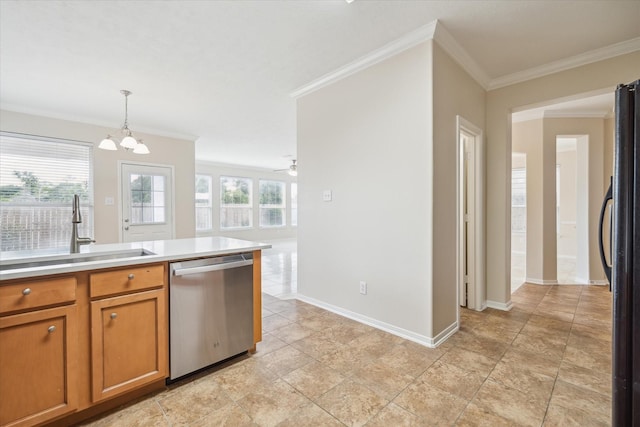 kitchen featuring fridge, stainless steel dishwasher, ceiling fan with notable chandelier, sink, and hanging light fixtures