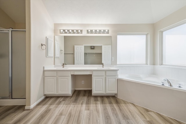 bathroom featuring vanity, separate shower and tub, and wood-type flooring