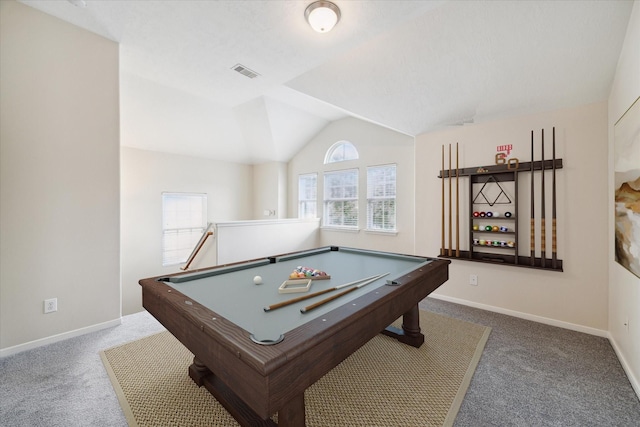 recreation room with dark colored carpet, billiards, and vaulted ceiling