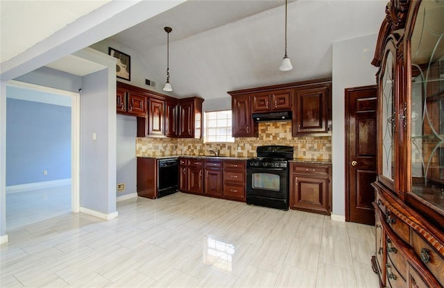 kitchen featuring tasteful backsplash, light stone counters, vaulted ceiling, black appliances, and hanging light fixtures