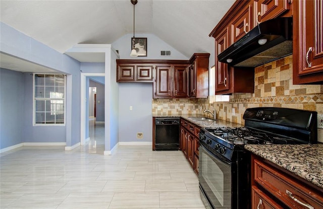 kitchen with sink, backsplash, dark stone countertops, vaulted ceiling, and black appliances