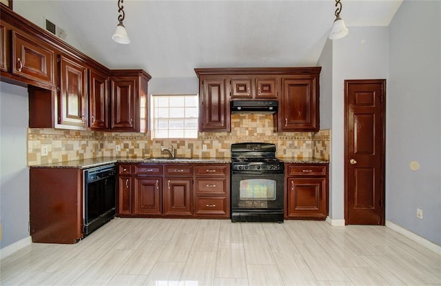 kitchen with black appliances, sink, hanging light fixtures, light stone countertops, and tasteful backsplash