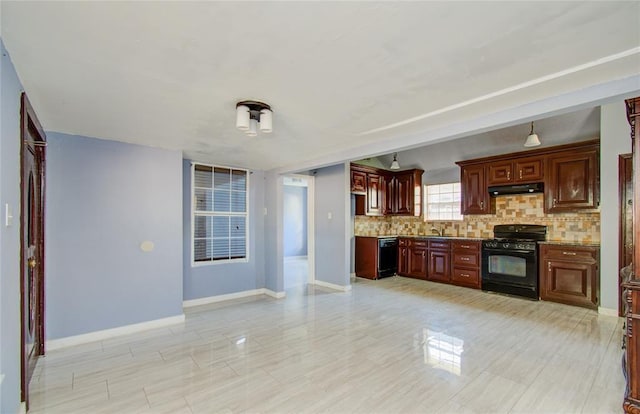 kitchen with decorative backsplash, light tile patterned floors, and black appliances