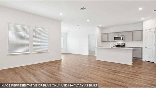 kitchen with gray cabinetry, an island with sink, light wood-type flooring, and appliances with stainless steel finishes