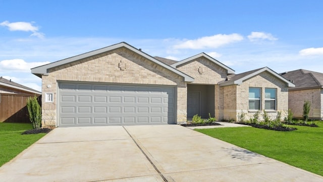 ranch-style home featuring a garage and a front lawn