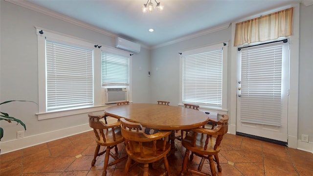 dining space featuring crown molding, tile patterned floors, a wall mounted air conditioner, and plenty of natural light