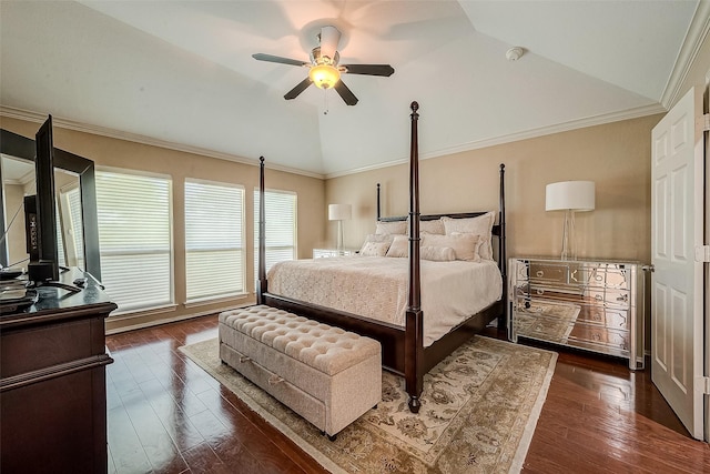 bedroom with crown molding, ceiling fan, lofted ceiling, and dark hardwood / wood-style floors