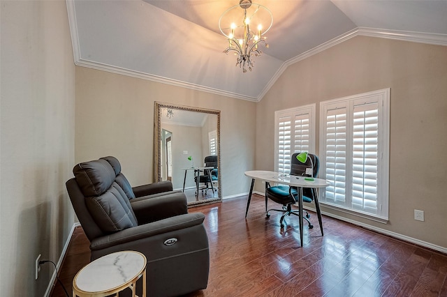 home office with vaulted ceiling, ornamental molding, a notable chandelier, and dark hardwood / wood-style flooring