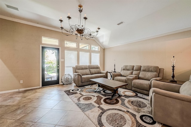 tiled living room with crown molding, vaulted ceiling, and a chandelier