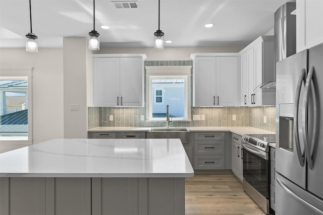 kitchen featuring stainless steel appliances, a wealth of natural light, sink, and pendant lighting