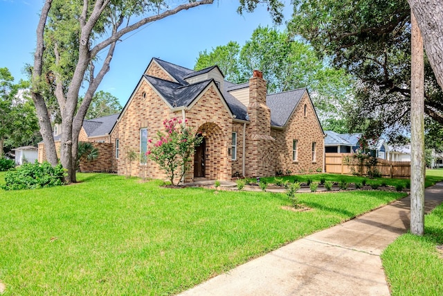 tudor-style house with a front lawn