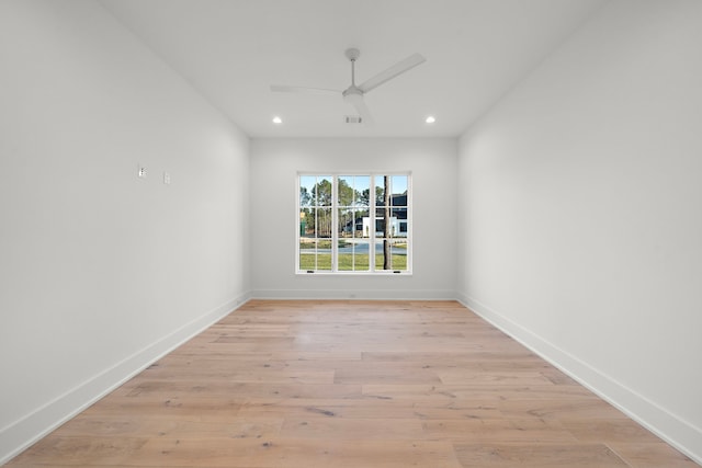 unfurnished room with light wood-style floors, recessed lighting, ceiling fan, and baseboards