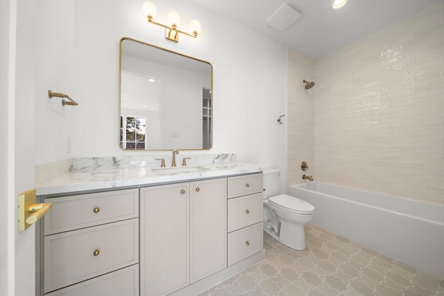 full bathroom featuring  shower combination, vanity, and toilet