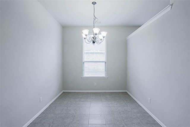 tiled empty room featuring a notable chandelier