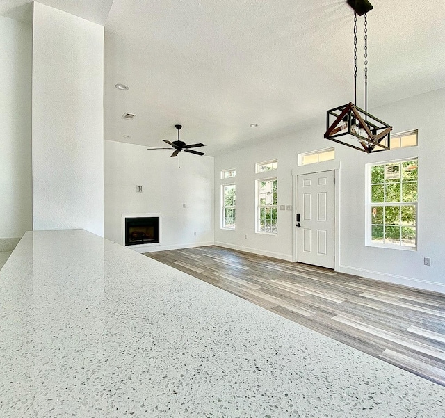 interior space with ceiling fan and wood-type flooring