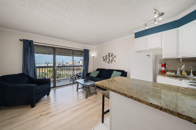 kitchen featuring light wood-style floors, freestanding refrigerator, open floor plan, white cabinets, and a sink