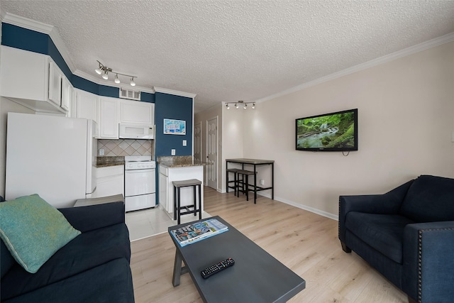 living room with a textured ceiling, light hardwood / wood-style floors, and crown molding