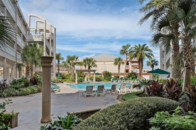 view of swimming pool with a patio area