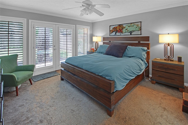 carpeted bedroom with crown molding, ceiling fan, and access to outside