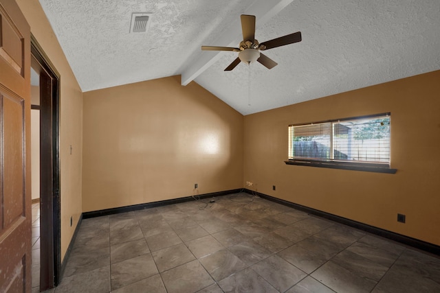 unfurnished room featuring ceiling fan, a textured ceiling, and vaulted ceiling with beams