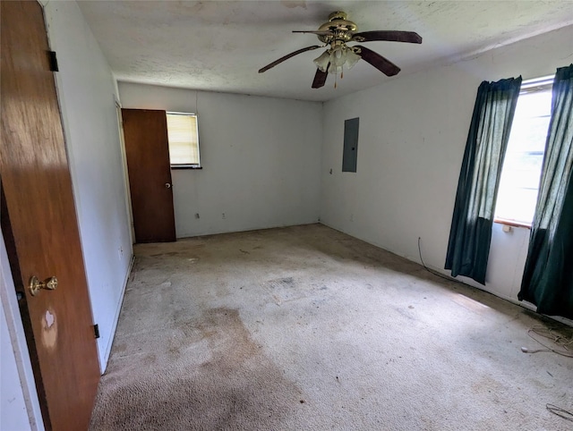 carpeted spare room with plenty of natural light, ceiling fan, and electric panel